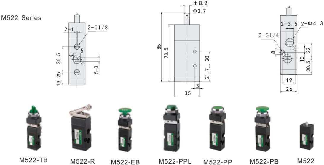 M522 ขนาดวาล์วเครื่องกล